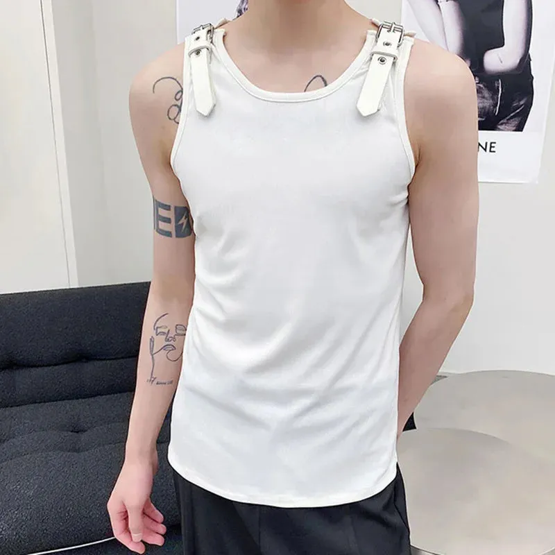 Personalized Design Men's Leather Shoulder Loop Vest Solid Color Korean Casual Knitted Sleeveless Fashion 9A1978