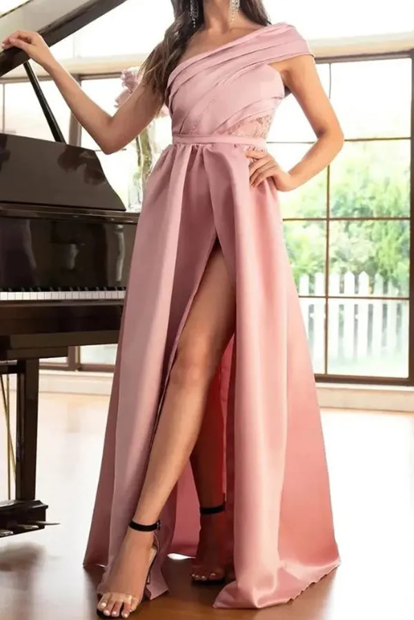 Pink A-Line One Shoulder Prom Gown Evening Dress