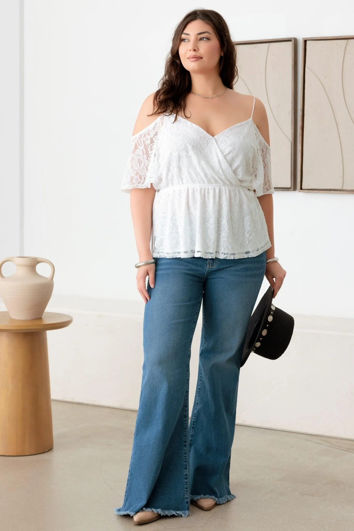 Plus Size Blue Cotton Frayed Hem Flare Denim Jeans