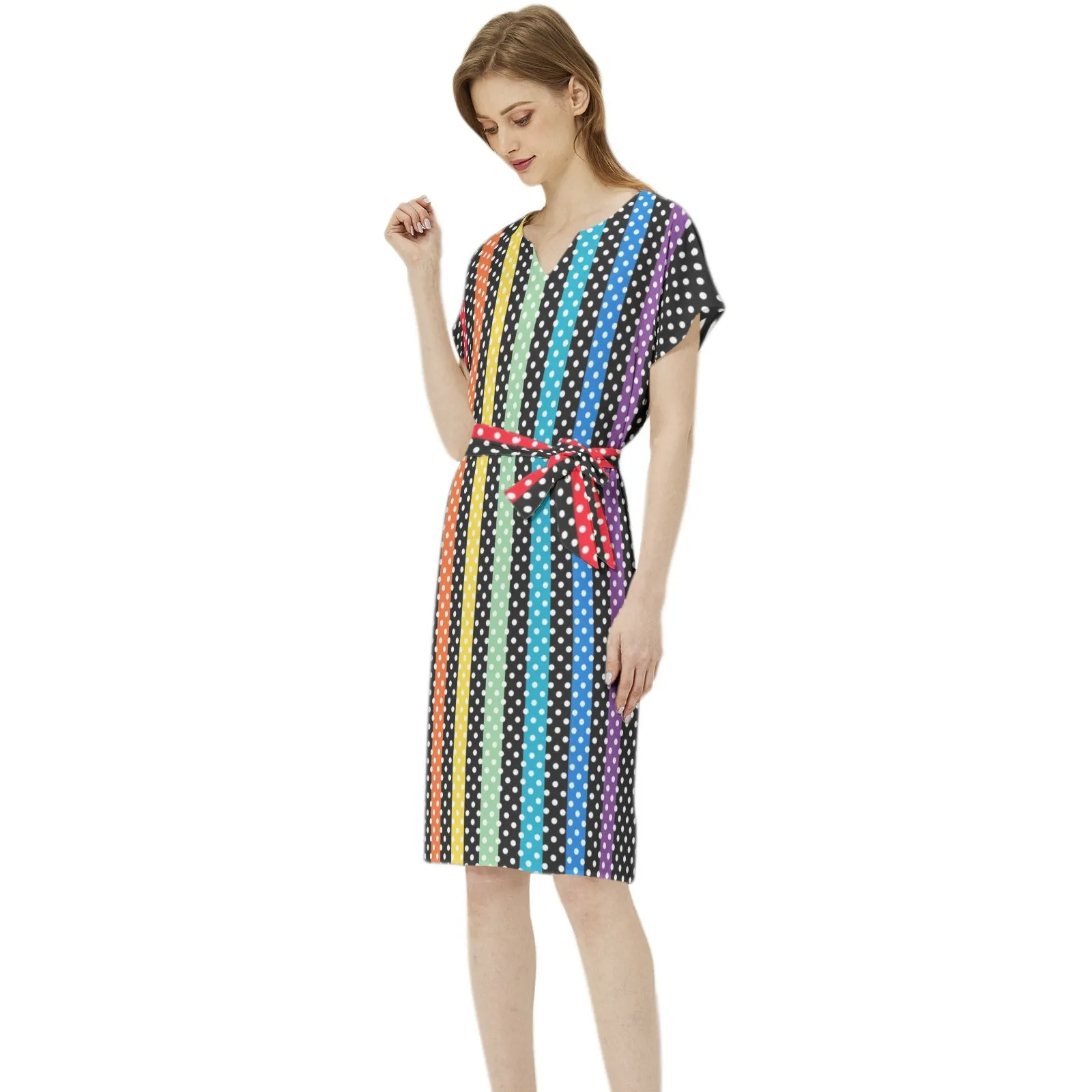 Polka Dot Rainbow Batwing Sleeve Notch Neck Casual Dress with Belt