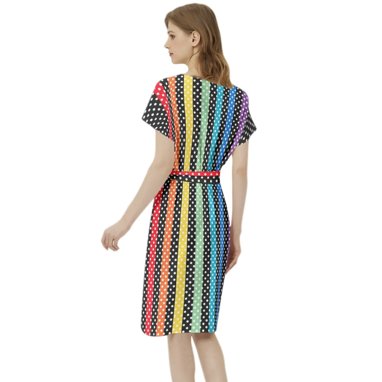 Polka Dot Rainbow Batwing Sleeve Notch Neck Casual Dress with Belt