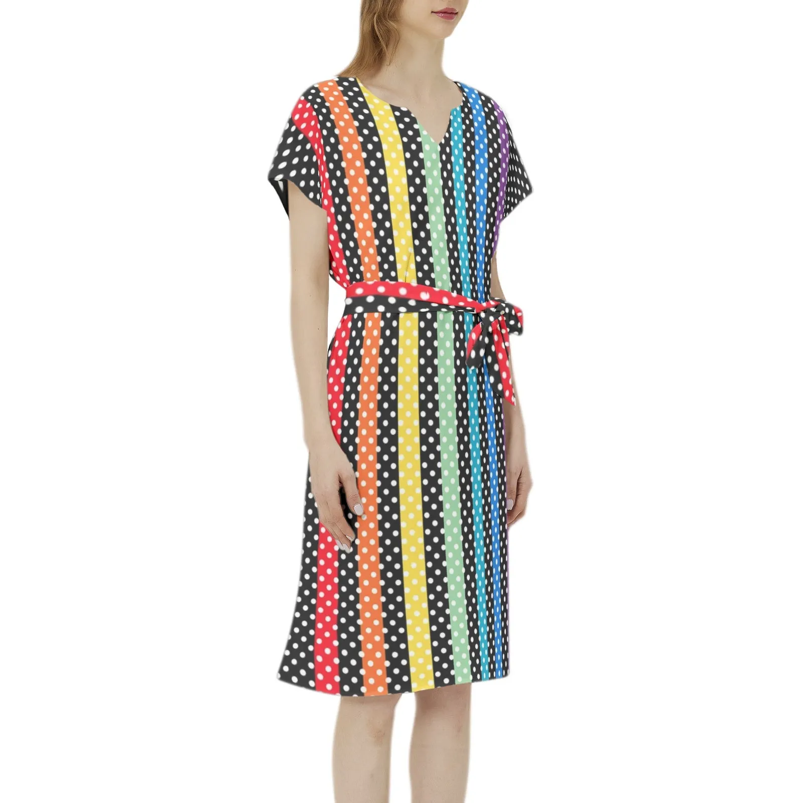 Polka Dot Rainbow Batwing Sleeve Notch Neck Casual Dress with Belt