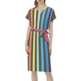 Polka Dot Rainbow Batwing Sleeve Notch Neck Casual Dress with Belt