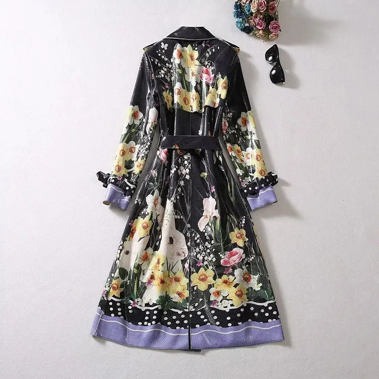 Pre Order:  Black Floral Faux-Leather Trench Coat