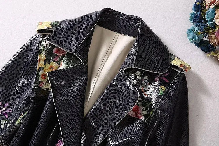 Pre Order:  Black Floral Faux-Leather Trench Coat