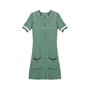 Pre Order:  Retro Green Checkered V-Neck Slim Fit Dress