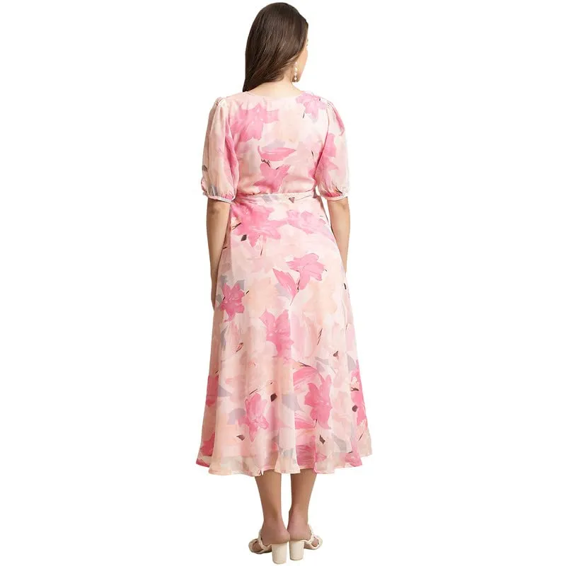 Preneum Women's Georgette a-line Knee-Long Dress Pink