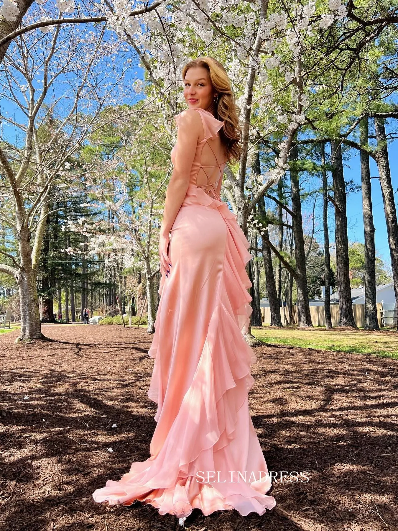 Pretty Pink Maxi Dress Chiffon Cheap Long Prom Dress with Slit sew1082