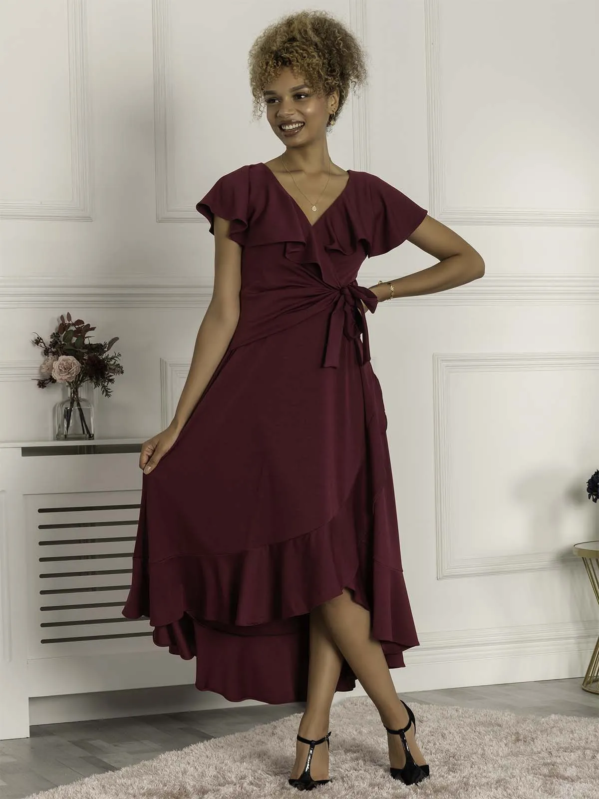 Priya Frill Dipped Hem Dress, Dark Purple