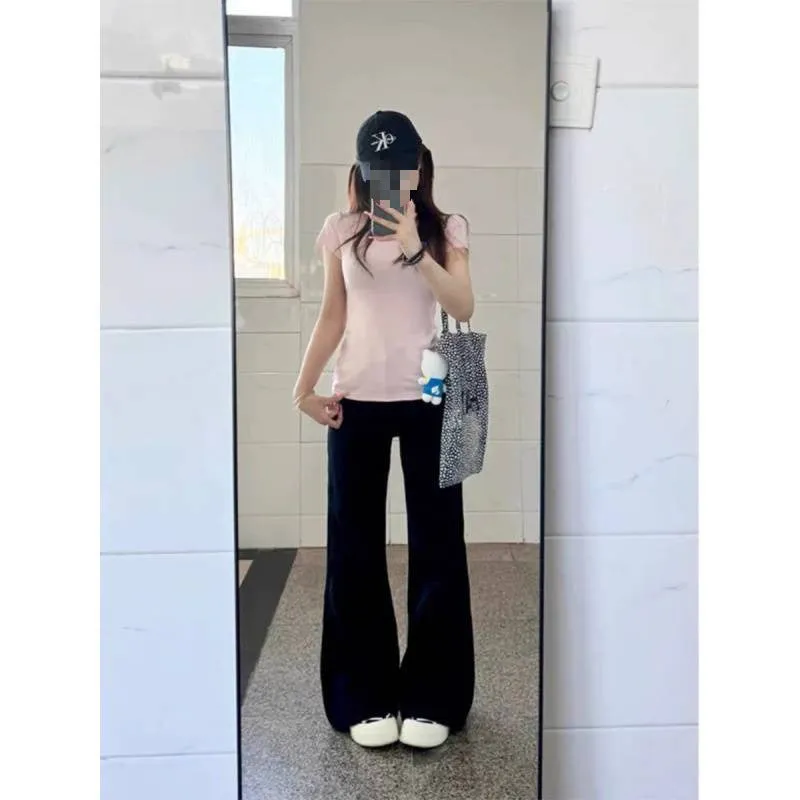 Purpdrank egirl style Fleece-lined Thick Black Non-Stick Leg Micro Flared Jeans Women's Autumn and Winter High Waist Slimming Wide Leg Pants Mopping Pants