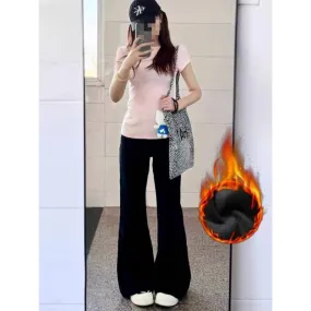 Purpdrank egirl style Fleece-lined Thick Black Non-Stick Leg Micro Flared Jeans Women's Autumn and Winter High Waist Slimming Wide Leg Pants Mopping Pants