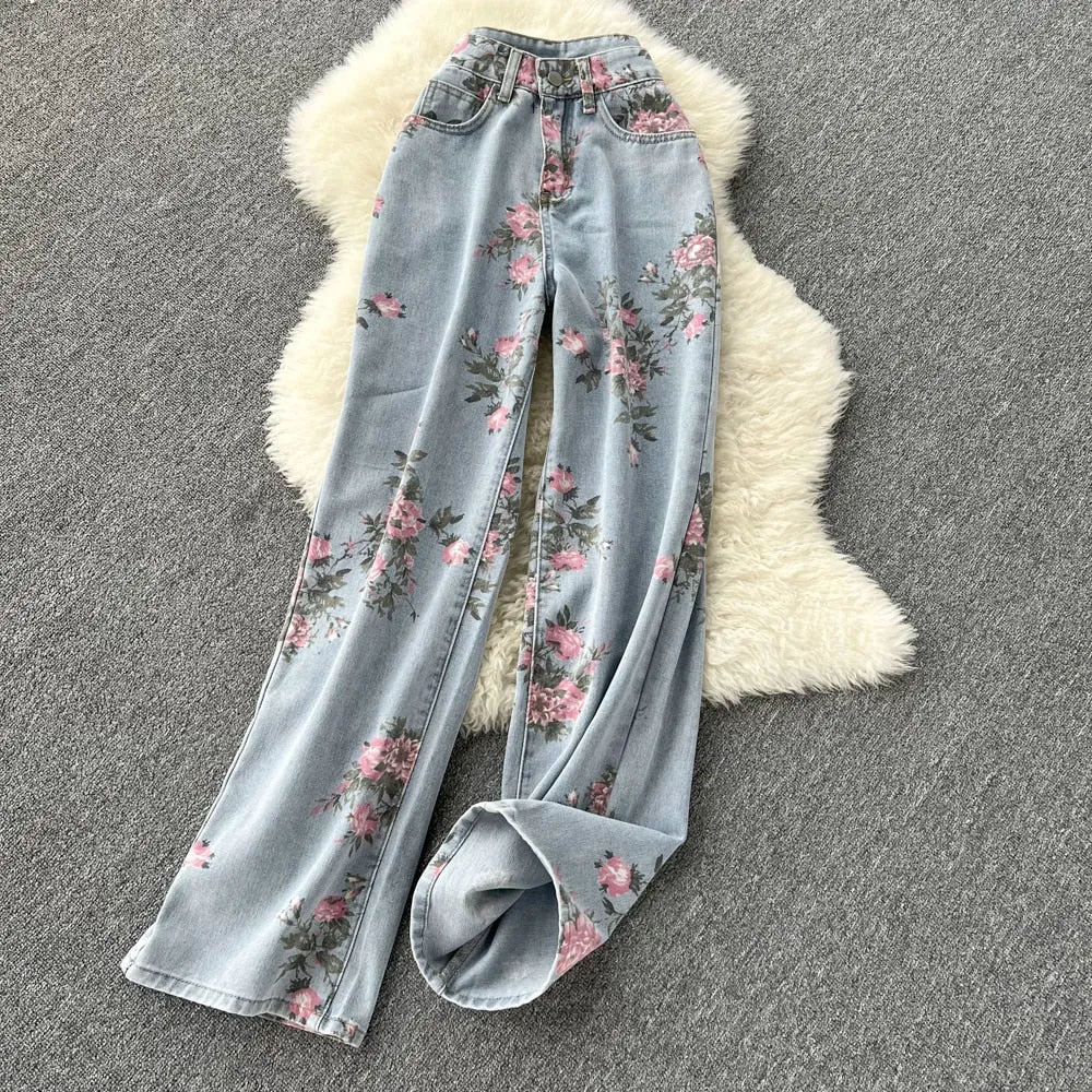 Purpdrank - Women Sweet Korean Pink Sweet 3 Pieces Set For Women Knitted Sling Vest  sunscreen floral Print Wide Leg Denim Long Pants Suits