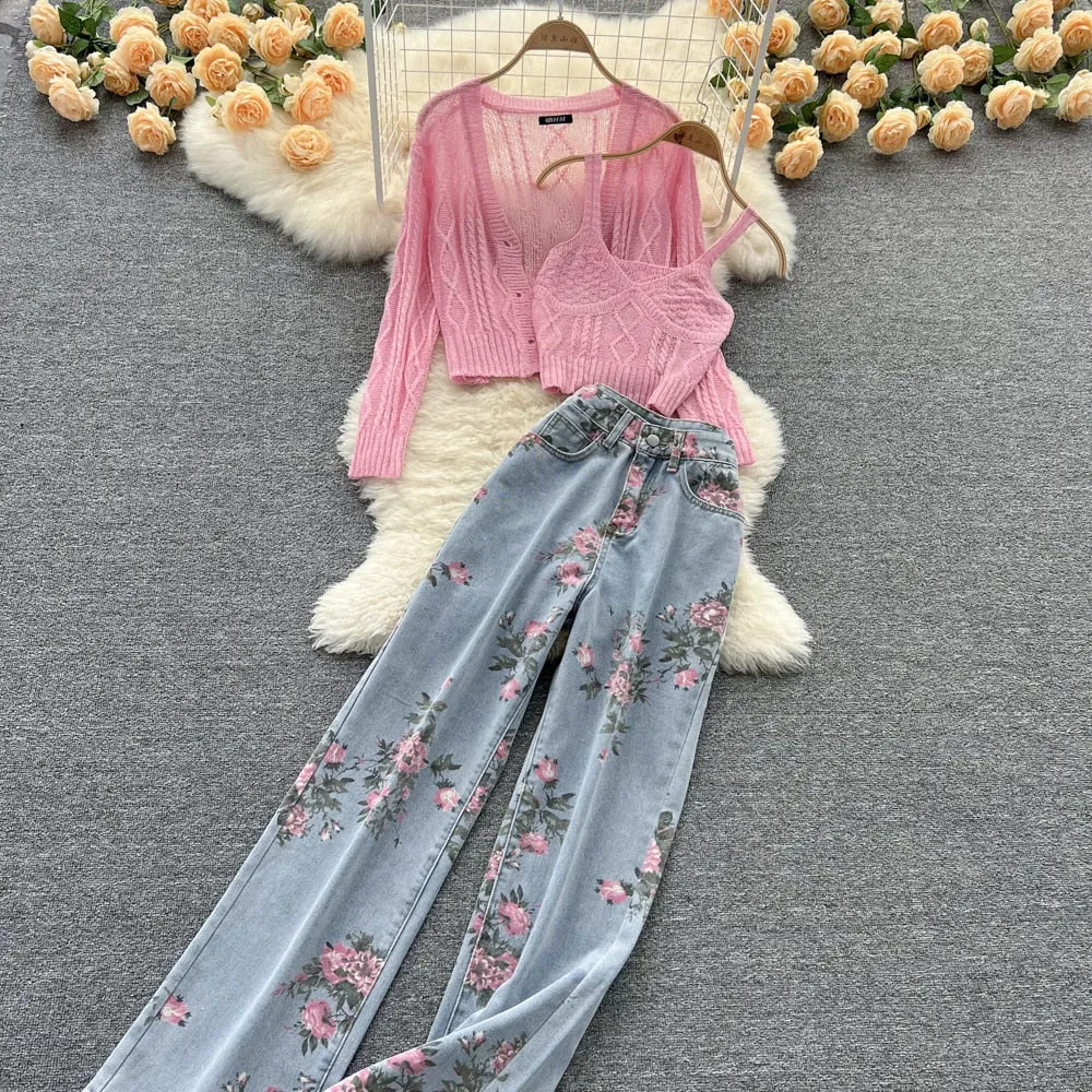 Purpdrank - Women Sweet Korean Pink Sweet 3 Pieces Set For Women Knitted Sling Vest  sunscreen floral Print Wide Leg Denim Long Pants Suits