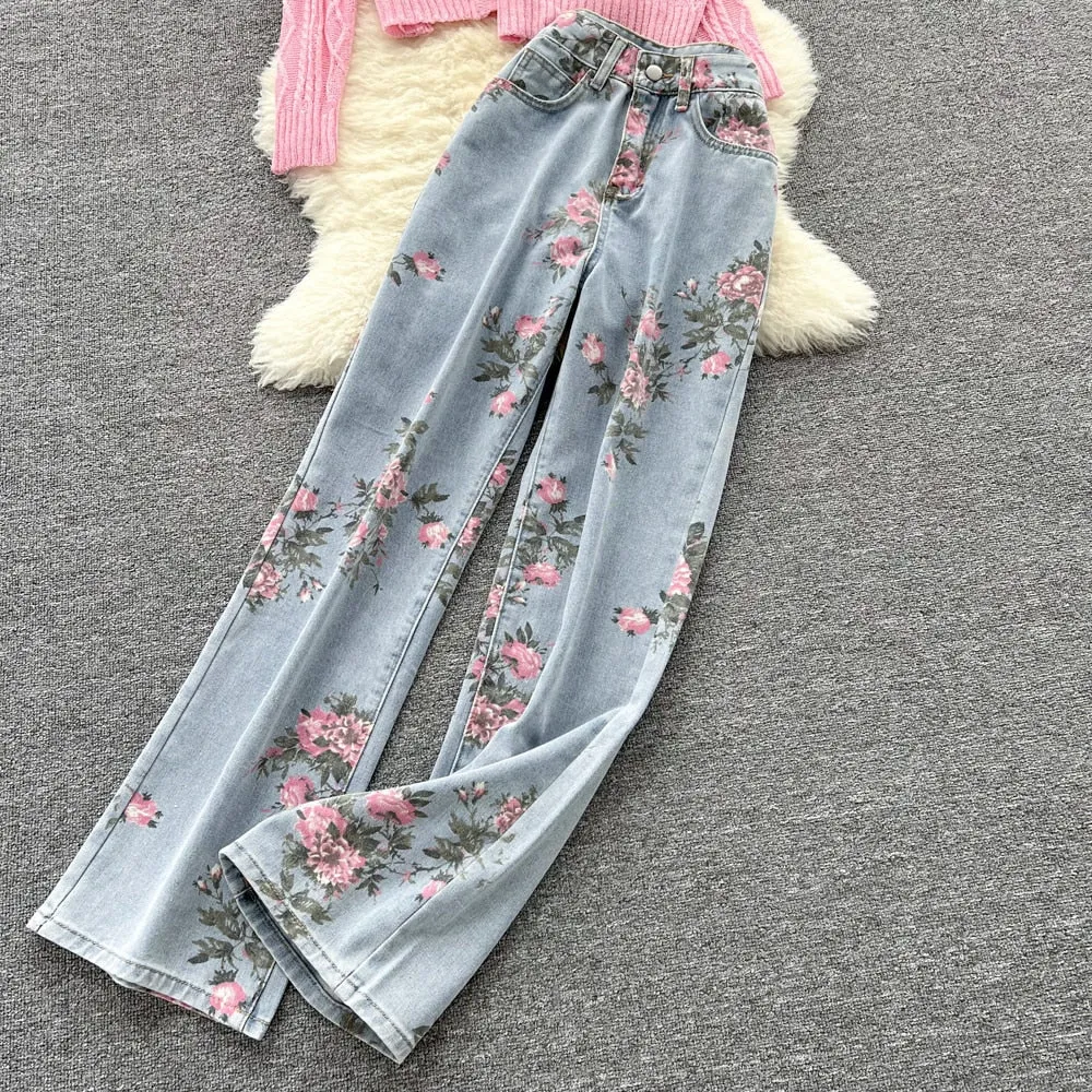 Purpdrank - Women Sweet Korean Pink Sweet 3 Pieces Set For Women Knitted Sling Vest  sunscreen floral Print Wide Leg Denim Long Pants Suits