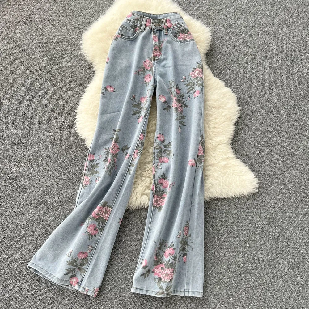 Purpdrank - Women Sweet Korean Pink Sweet 3 Pieces Set For Women Knitted Sling Vest  sunscreen floral Print Wide Leg Denim Long Pants Suits