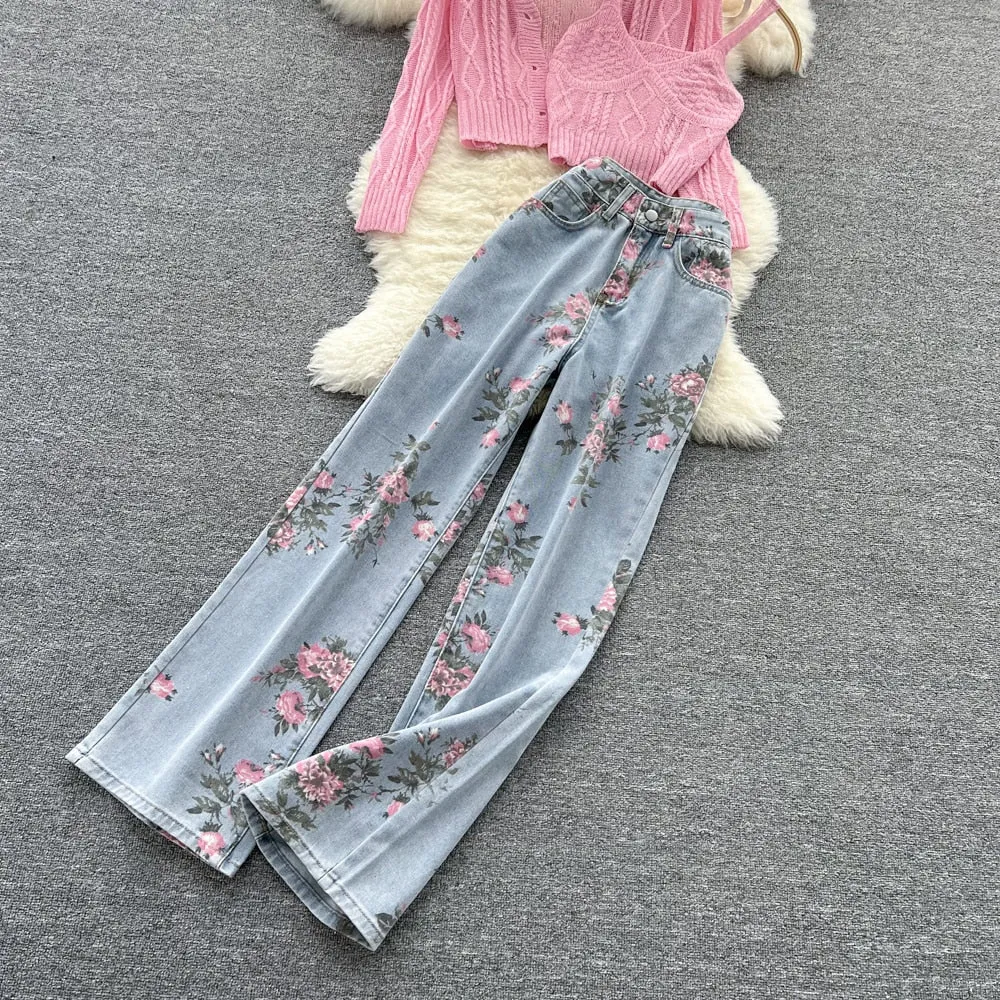 Purpdrank - Women Sweet Korean Pink Sweet 3 Pieces Set For Women Knitted Sling Vest  sunscreen floral Print Wide Leg Denim Long Pants Suits