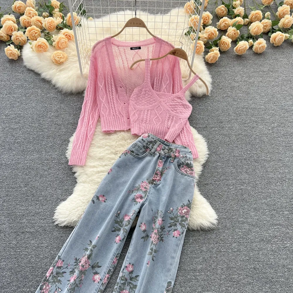 Purpdrank - Women Sweet Korean Pink Sweet 3 Pieces Set For Women Knitted Sling Vest  sunscreen floral Print Wide Leg Denim Long Pants Suits