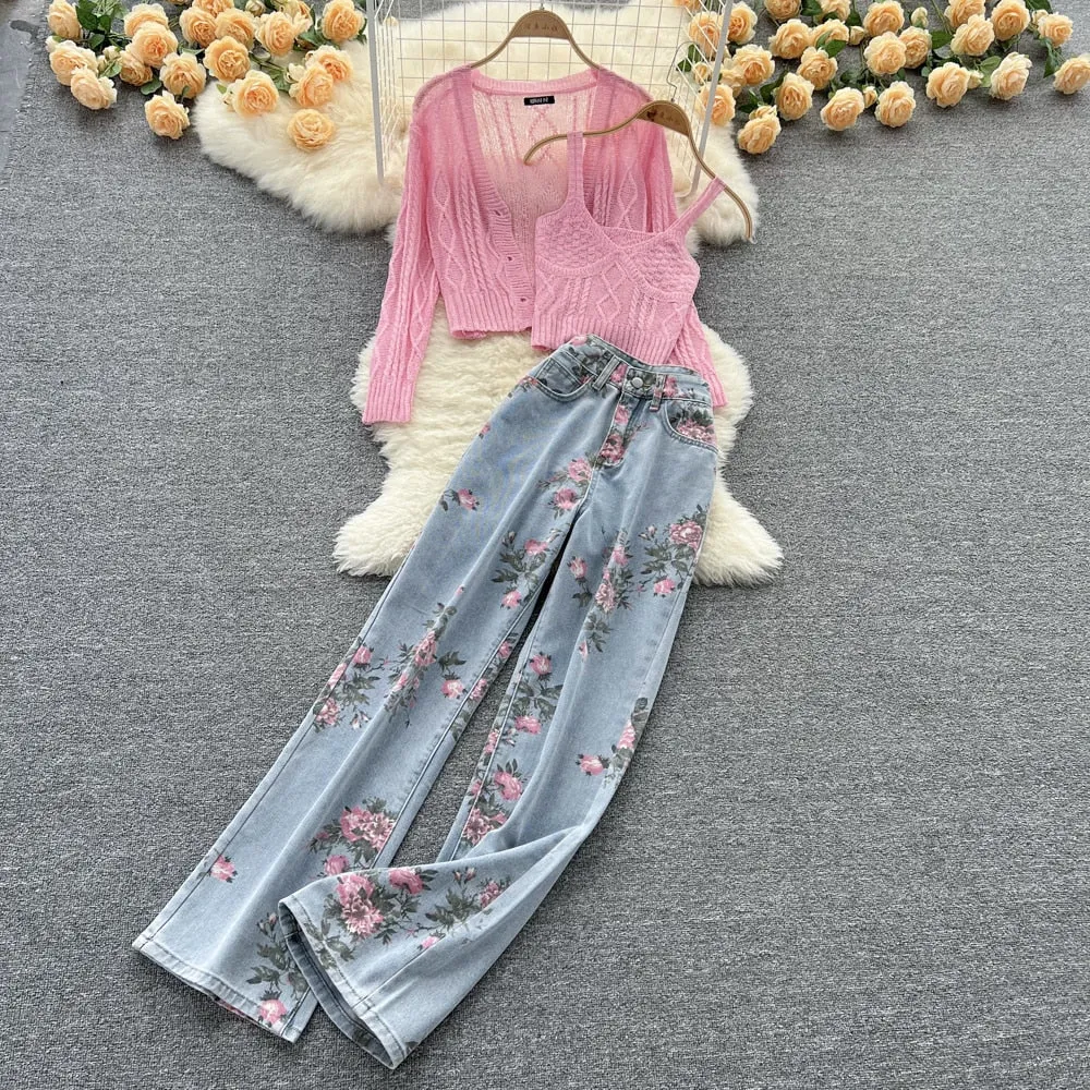 Purpdrank - Women Sweet Korean Pink Sweet 3 Pieces Set For Women Knitted Sling Vest  sunscreen floral Print Wide Leg Denim Long Pants Suits