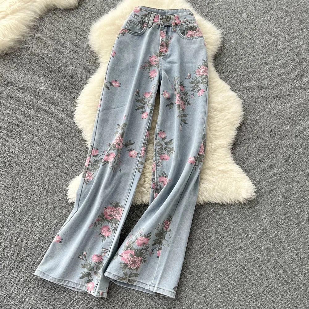 Purpdrank - Women Sweet Korean Pink Sweet 3 Pieces Set For Women Knitted Sling Vest  sunscreen floral Print Wide Leg Denim Long Pants Suits