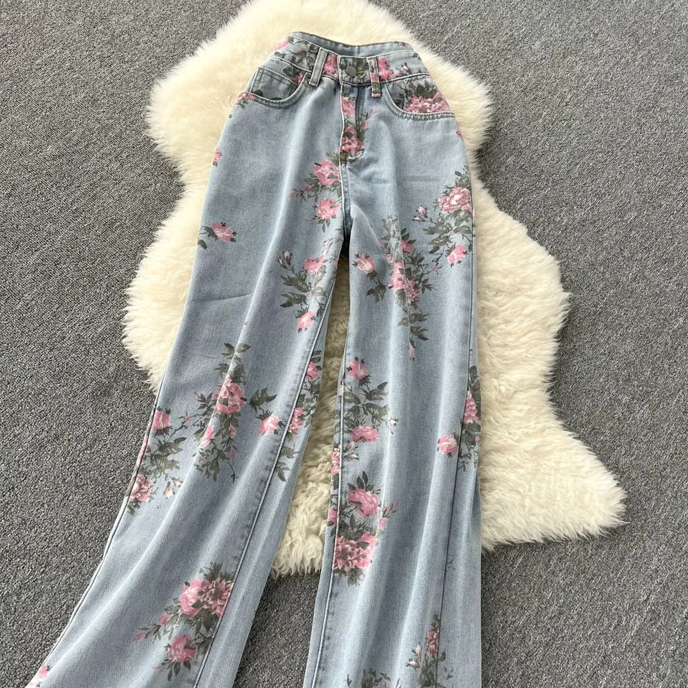 Purpdrank - Women Sweet Korean Pink Sweet 3 Pieces Set For Women Knitted Sling Vest  sunscreen floral Print Wide Leg Denim Long Pants Suits