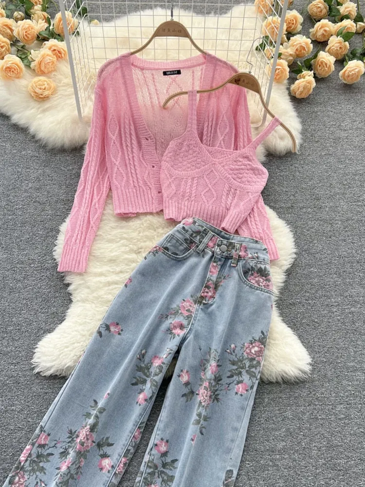 Purpdrank - Women Sweet Korean Pink Sweet 3 Pieces Set For Women Knitted Sling Vest  sunscreen floral Print Wide Leg Denim Long Pants Suits