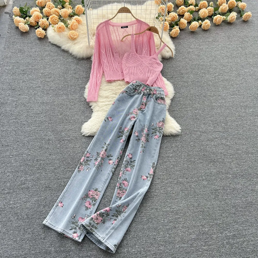 Purpdrank - Women Sweet Korean Pink Sweet 3 Pieces Set For Women Knitted Sling Vest  sunscreen floral Print Wide Leg Denim Long Pants Suits