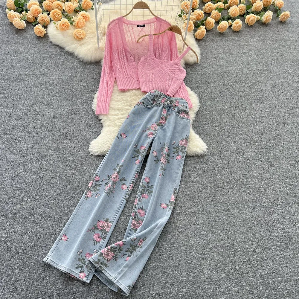 Purpdrank - Women Sweet Korean Pink Sweet 3 Pieces Set For Women Knitted Sling Vest  sunscreen floral Print Wide Leg Denim Long Pants Suits