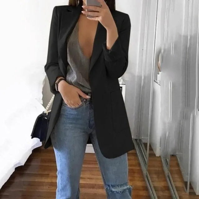 Purpdrank - Women's Casual Mid Coat Lapel Slim Cardigan Outdoor Work Suit Jackets Open Front Coat Cloak Jackets Female Blusas Chaqueta Mujer