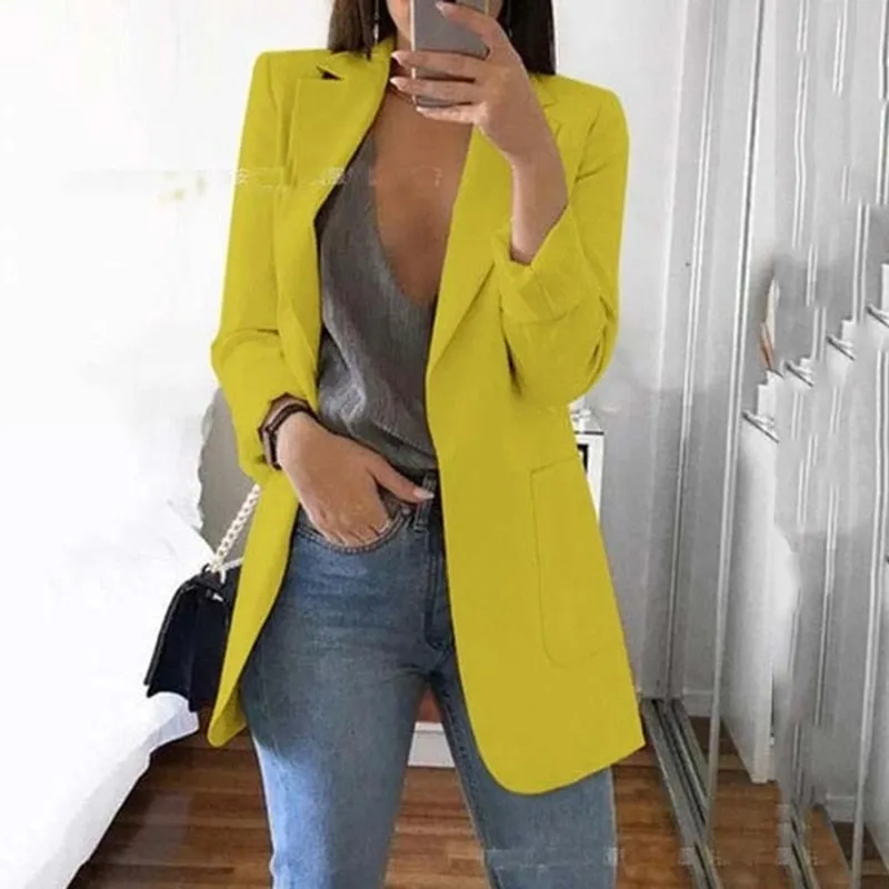 Purpdrank - Women's Casual Mid Coat Lapel Slim Cardigan Outdoor Work Suit Jackets Open Front Coat Cloak Jackets Female Blusas Chaqueta Mujer