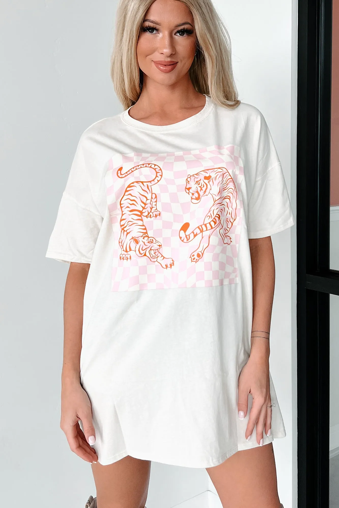 "Trippy Tiger" Oversized Graphic T-Shirt Dress (Vanilla) - Print On Demand