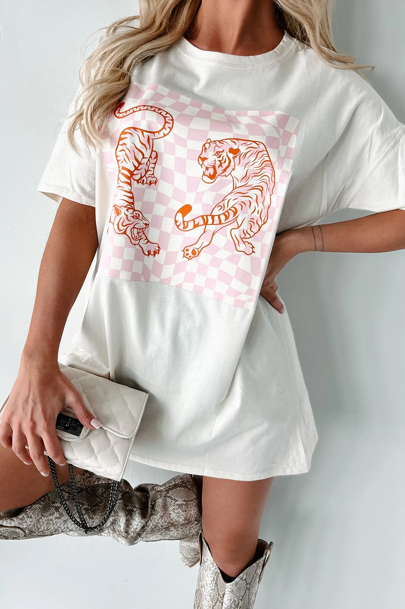 "Trippy Tiger" Oversized Graphic T-Shirt Dress (Vanilla) - Print On Demand