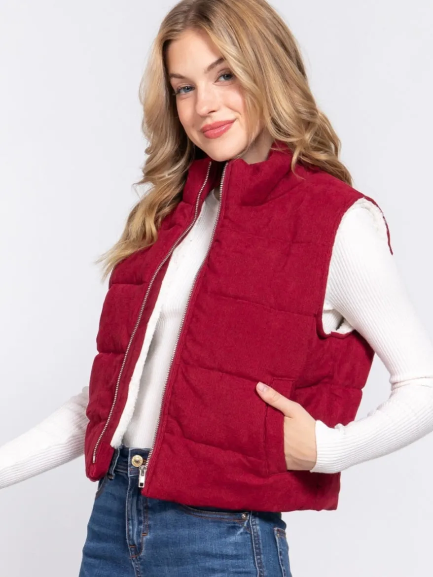 Rae Corduroy Puffer Vest - Burgundy