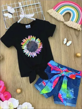 Rainbow Sunflower Patched Denim Shorts Set