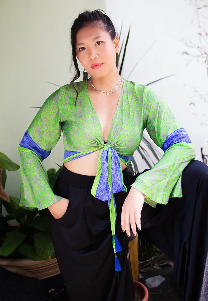 Raja Rani Upcycled Silk Long Sleeves Wrap Top - Cactus