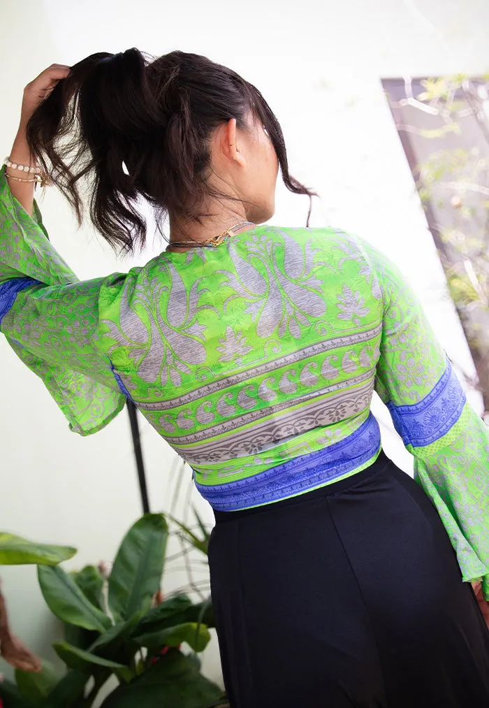 Raja Rani Upcycled Silk Long Sleeves Wrap Top - Cactus