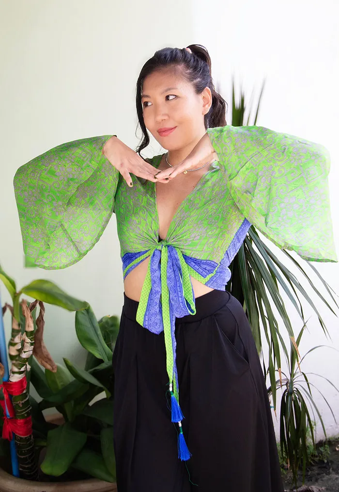 Raja Rani Upcycled Silk Long Sleeves Wrap Top - Cactus