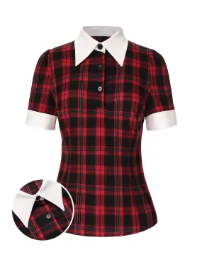 Red 1930s Shirt Collar Gingham Plaid Top