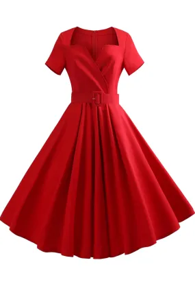 Red V-neck A-line Retro Dress