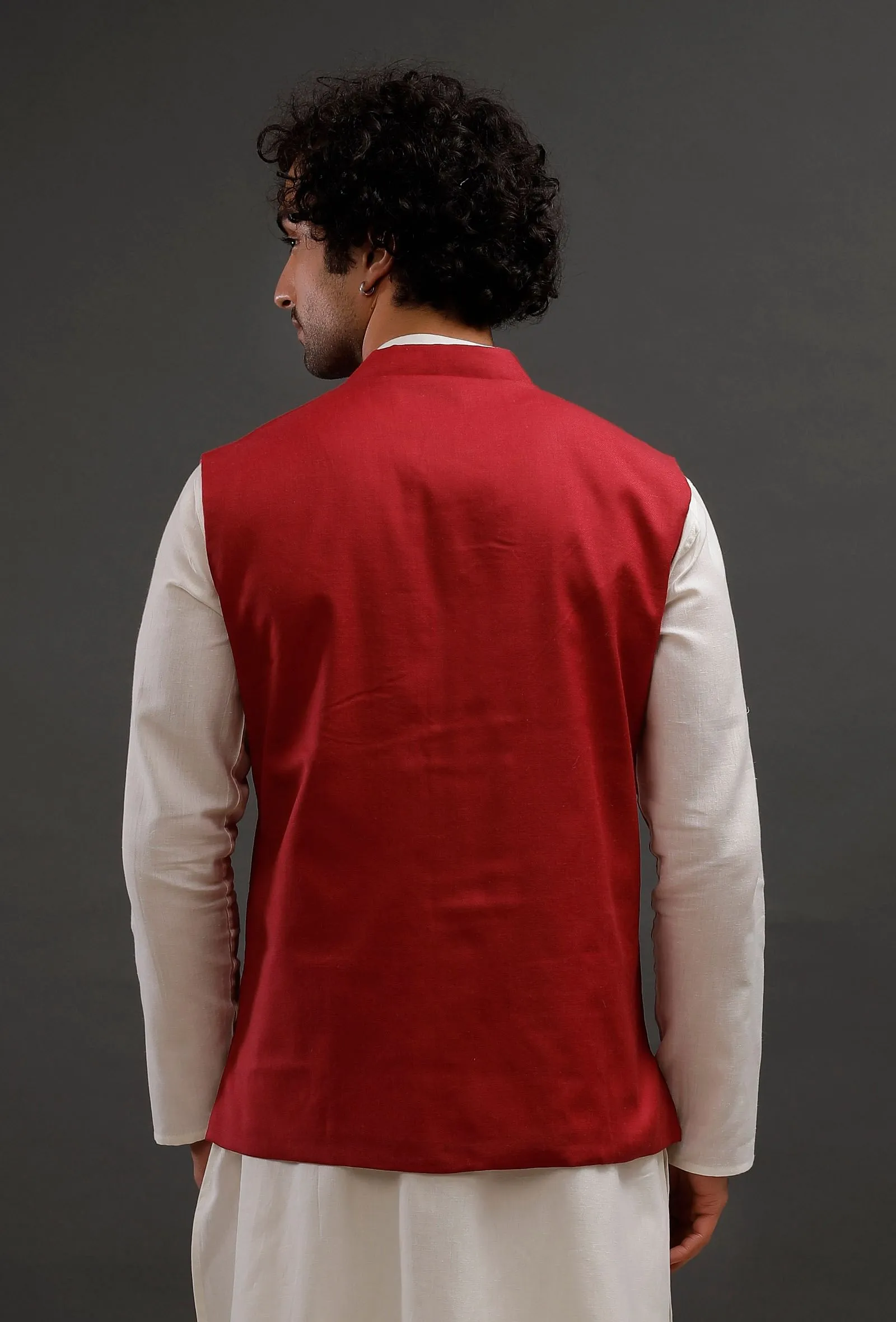 Red Woollen Blend Nehru Jacket