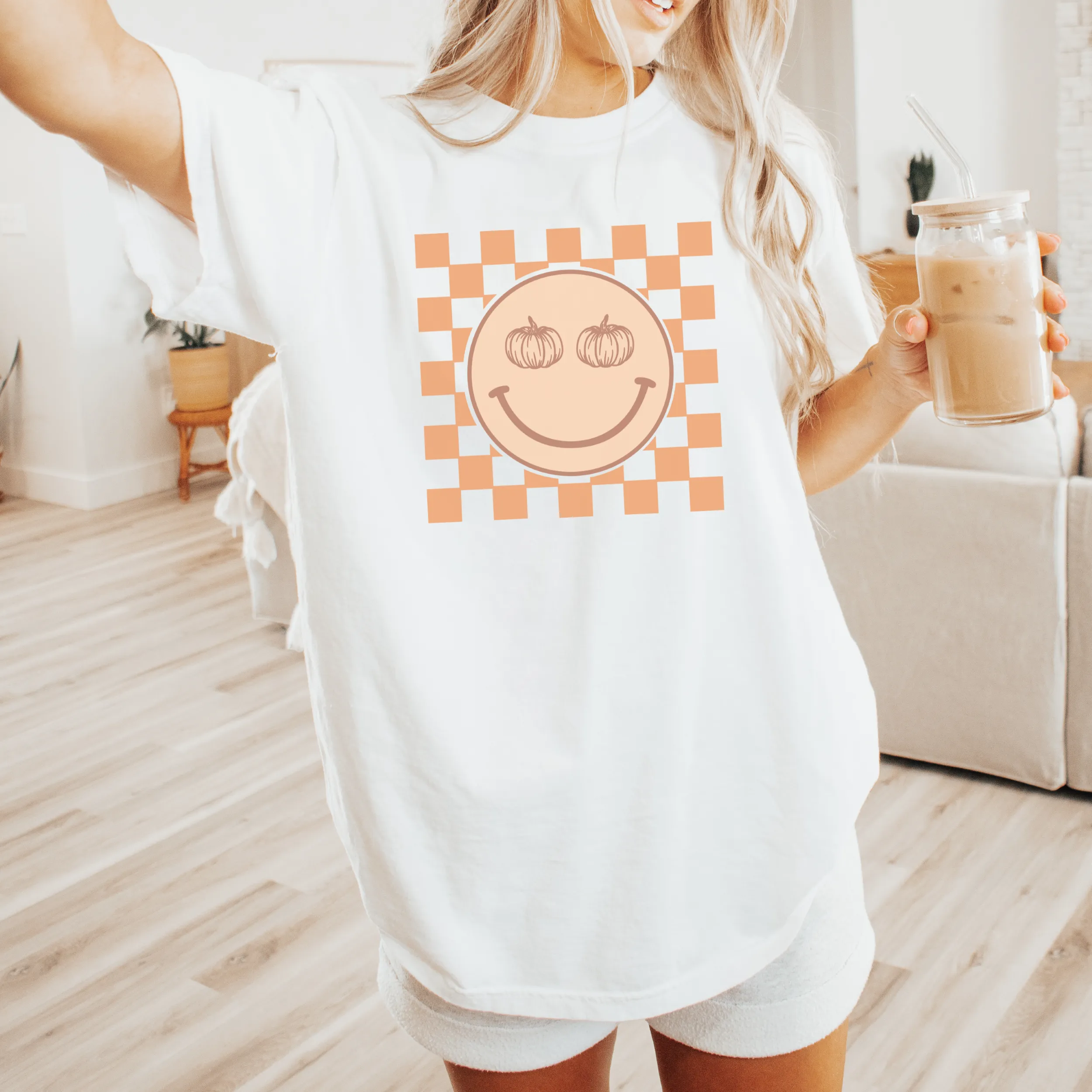 Retro Checkered Happy Pumpkin Face Shirt