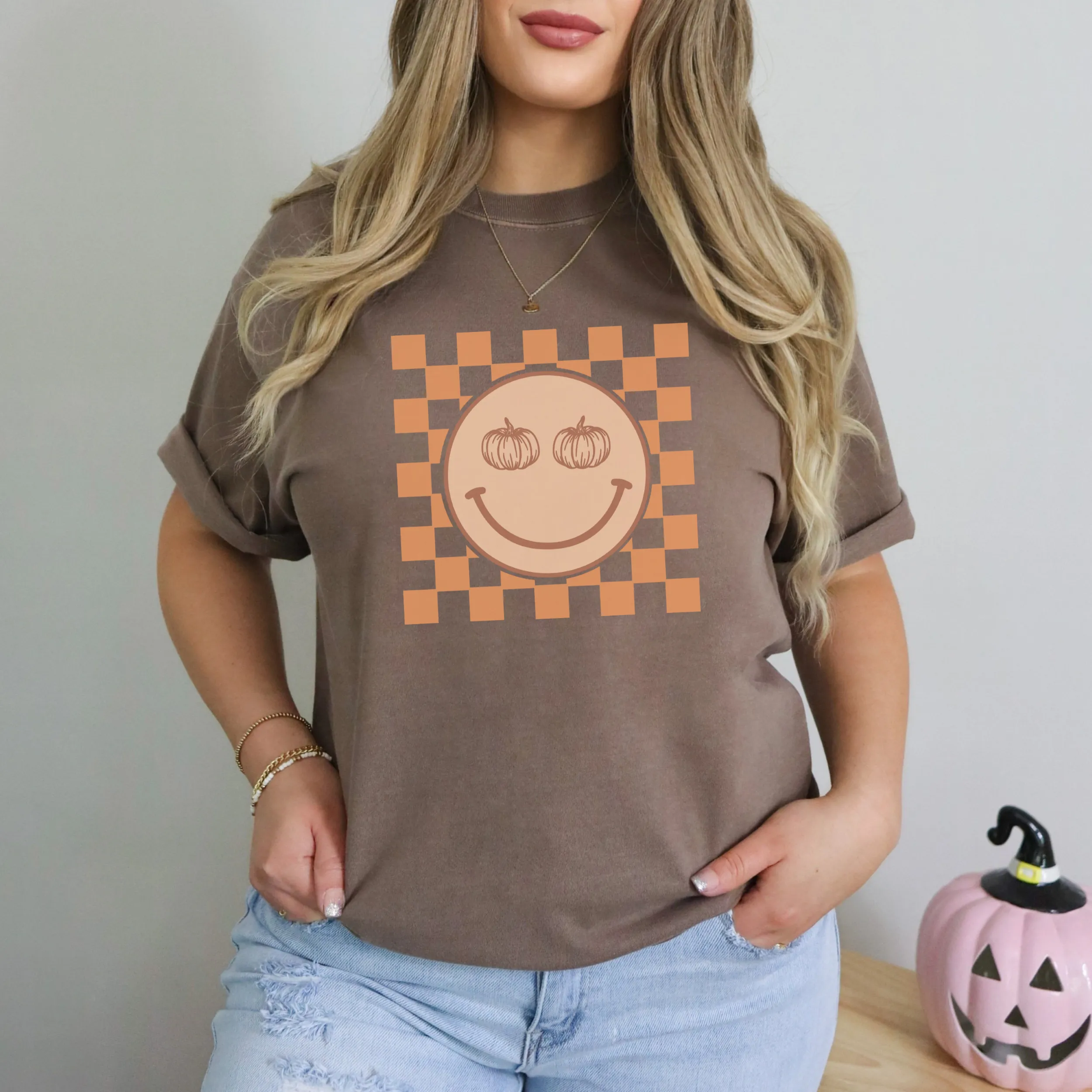 Retro Checkered Happy Pumpkin Face Shirt