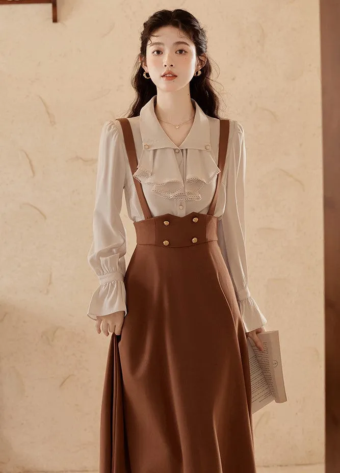 Retro Light Academia Blouse Skirt Set