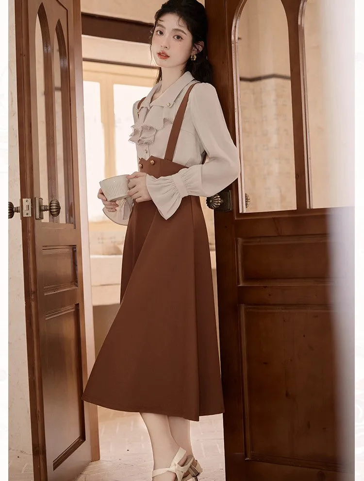 Retro Light Academia Blouse Skirt Set