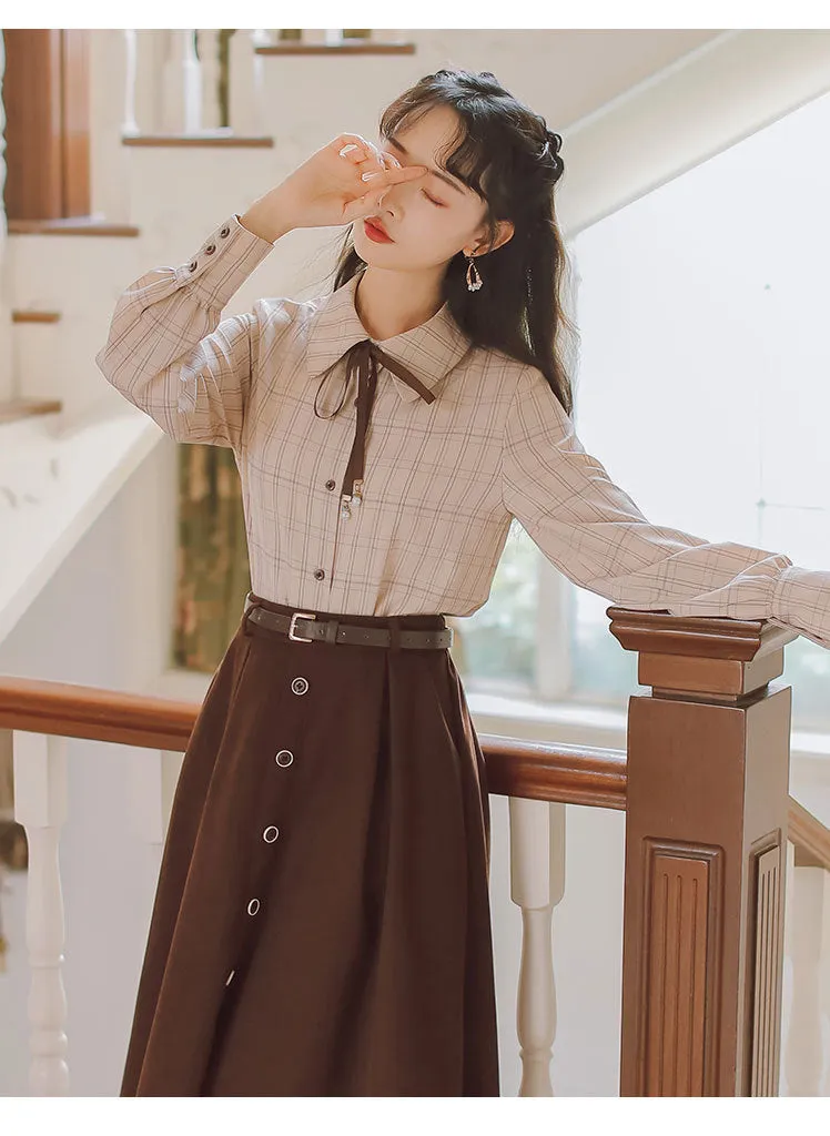 Retro Light Academia Shirt Skirt Set