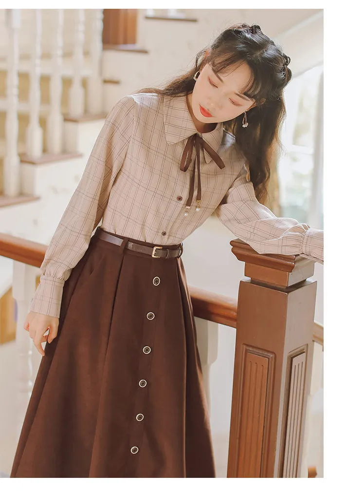 Retro Light Academia Shirt Skirt Set