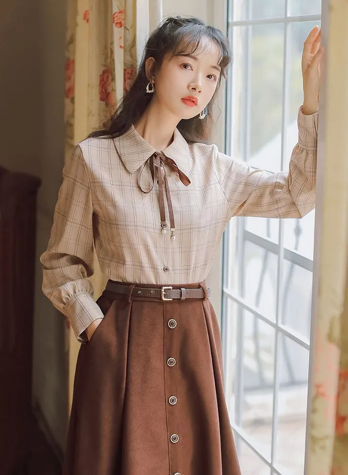 Retro Light Academia Shirt Skirt Set