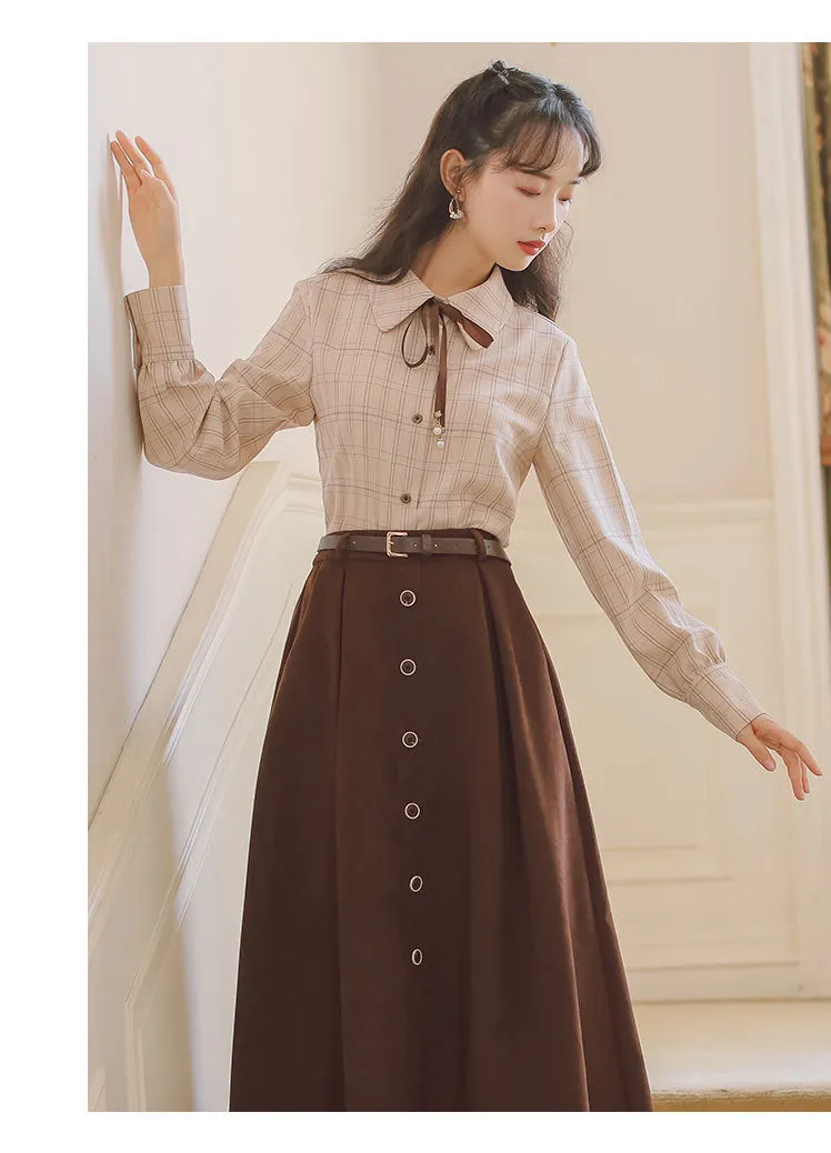 Retro Light Academia Shirt Skirt Set