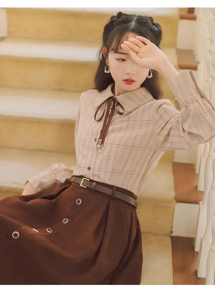 Retro Light Academia Shirt Skirt Set