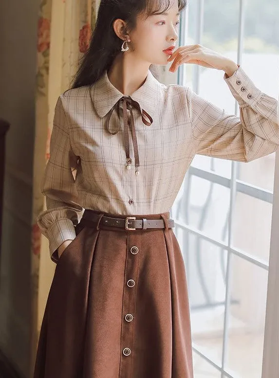 Retro Light Academia Shirt Skirt Set