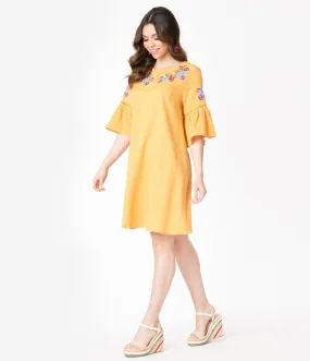 Retro Style Mustard Embroidered Tunic Dress